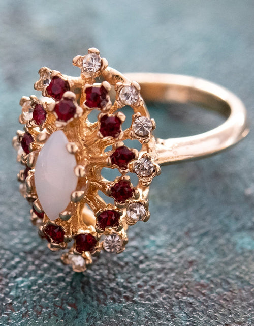 Load image into Gallery viewer, Vintage Ring Genuine Opal with Clear and Ruby Austrian Crystals 18kt Yellow Gold Electroplated by PVD Vintage Jewelry
