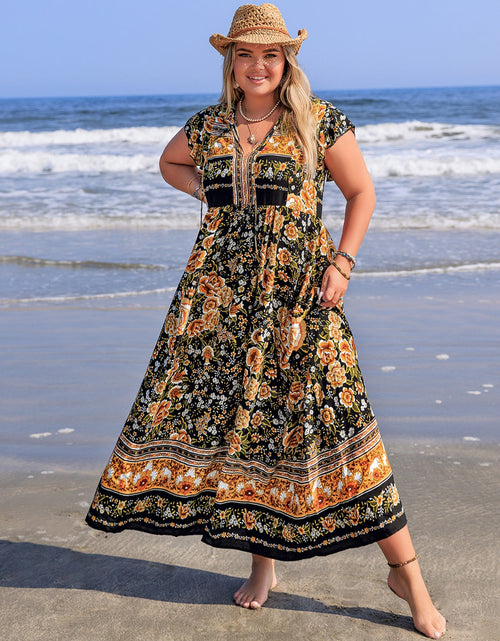 Load image into Gallery viewer, Plus Size Printed V-Neck Ruffle Cap Sleeve Maxi Dress
