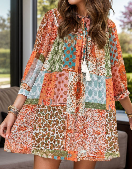 Load image into Gallery viewer, Tassel Printed Three-Quarter Sleeve Mini Dress
