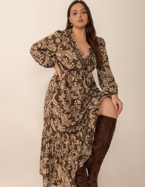 Load image into Gallery viewer, Plus Size Printed V-Neck Balloon Sleeve Maxi Dress
