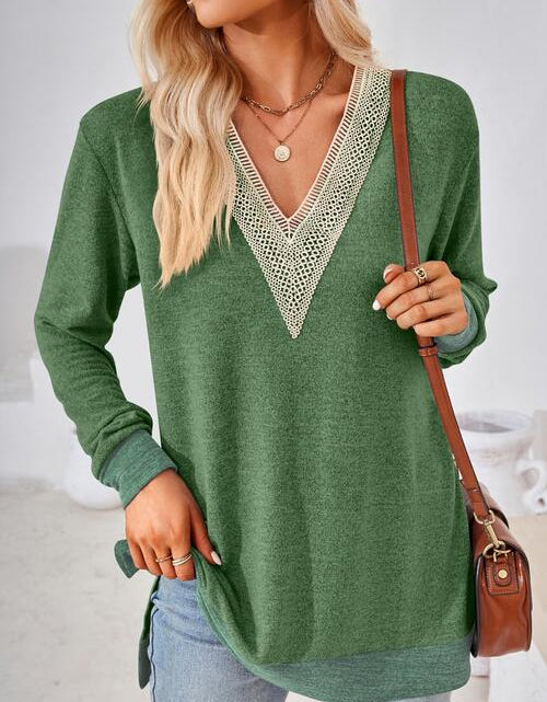 Load image into Gallery viewer, Crochet Contrast V-Neck Long Sleeve Slit T-Shirt
