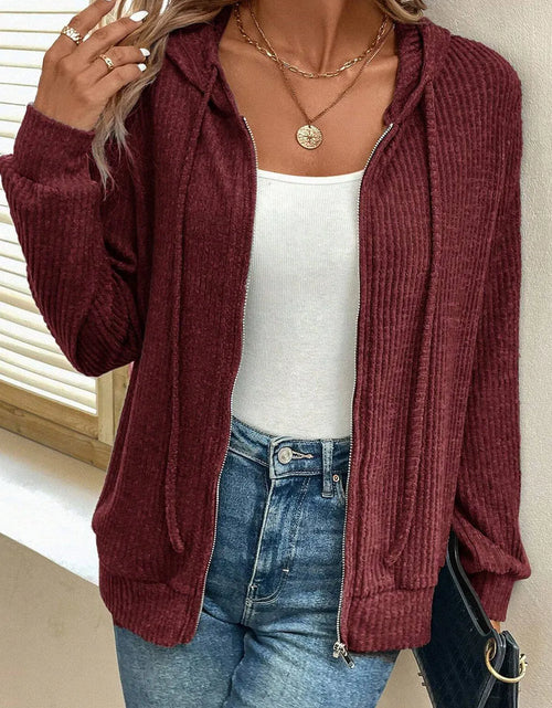 Load image into Gallery viewer, Drawstring Zip Up Long  Sleeve Hooded Jacket
