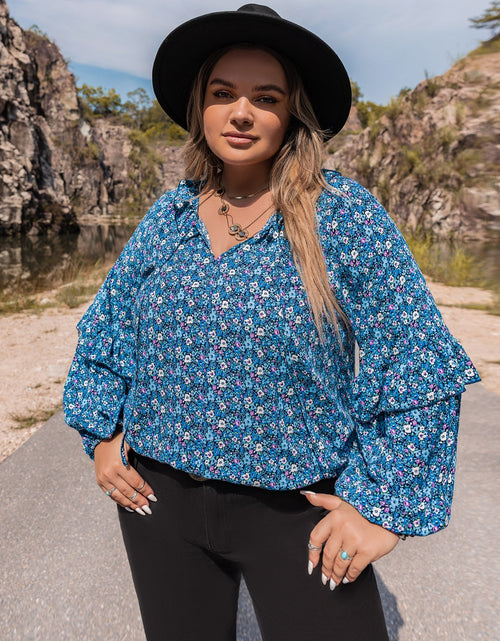 Load image into Gallery viewer, Plus Size Tie Neck Ruffled Blouse
