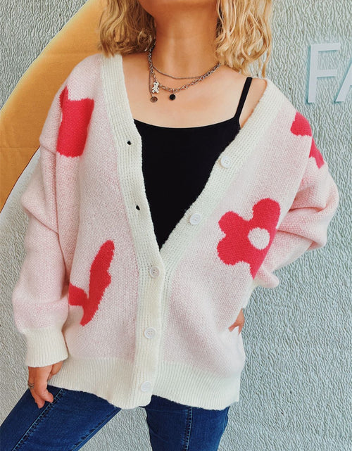 Load image into Gallery viewer, Flower Button Down V-Neck Long Sleeve Cardigan
