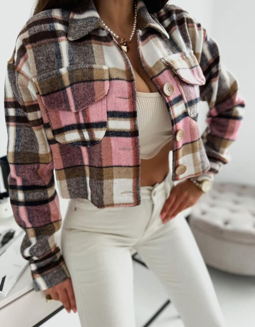Load image into Gallery viewer, Pocketed Collared Neck Long Sleeve Plaid Jacket
