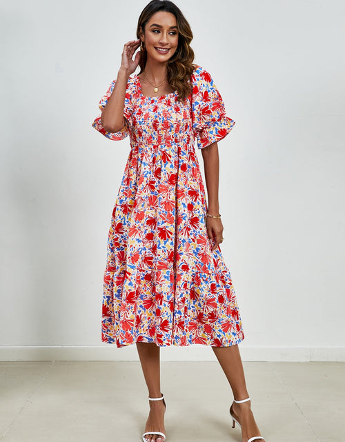 Load image into Gallery viewer, Smocked Floral Square Neck Short Sleeve Dress
