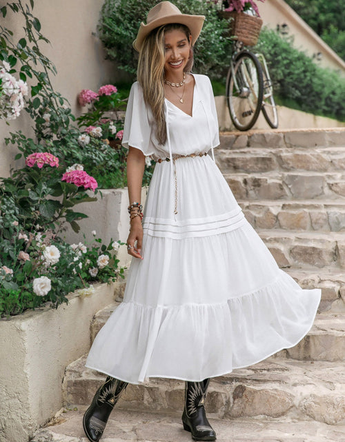 Load image into Gallery viewer, Tie Neck Short Sleeve Ruffle Hem Dress
