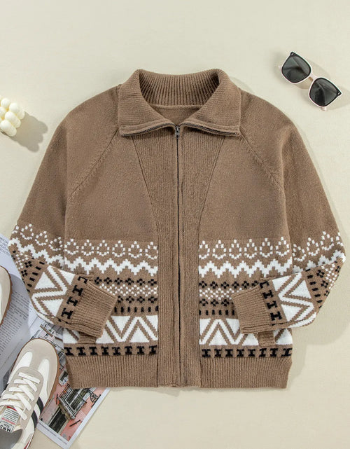 Load image into Gallery viewer, Zip Up Long Sleeve Geometric Cardigan
