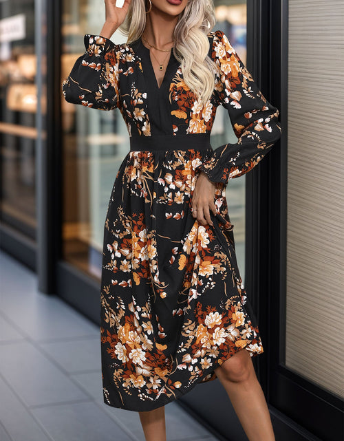 Load image into Gallery viewer, Perfee Printed Notched Long Sleeve Midi Dress
