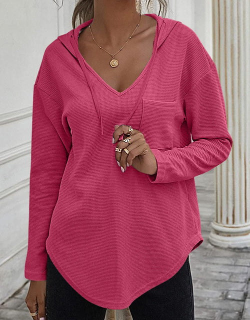 Load image into Gallery viewer, Drawstring Waffle Knit Long Sleeve Hooded Top
