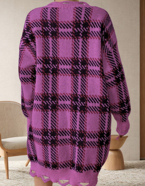Load image into Gallery viewer, Distressed Plaid V-Neck Long Sleeve Sweater Dress
