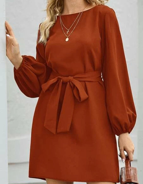 Load image into Gallery viewer, Tied Boat Neck Balloon Sleeve Mini Dress
