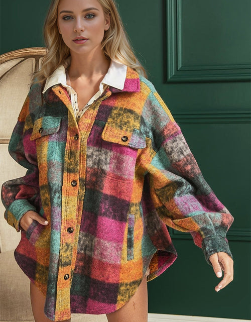Load image into Gallery viewer, Double Take Full Size Button Up Plaid Fleece Shacket with Pockets
