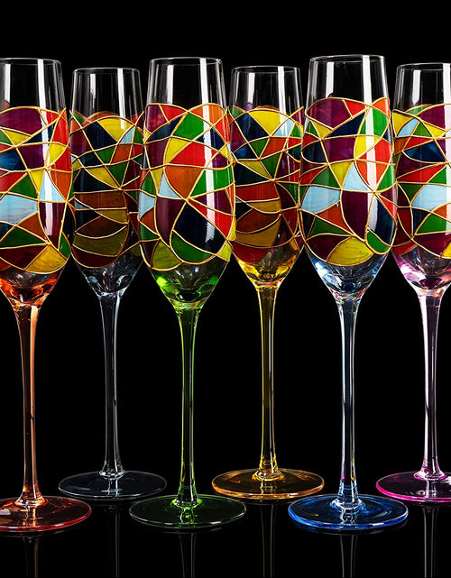 Load image into Gallery viewer, Stained Glass Champagne Flutes Set of 6 Hand Painted - Wine Savant - Hand Blown 7 Ounce Colorful Renaissance Champagne Glasses - 10.2" Tall, 2.7" Diameter Rainbow Multicolor Design Glassware by The Wine Savant

