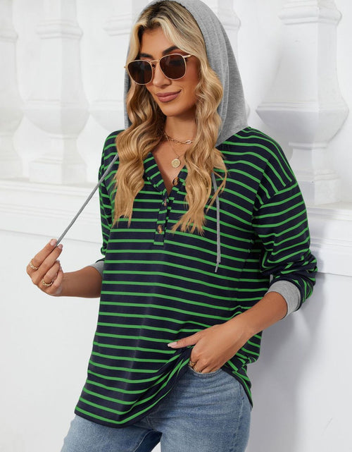 Load image into Gallery viewer, Drawstring Striped Long Sleeve Hoodie
