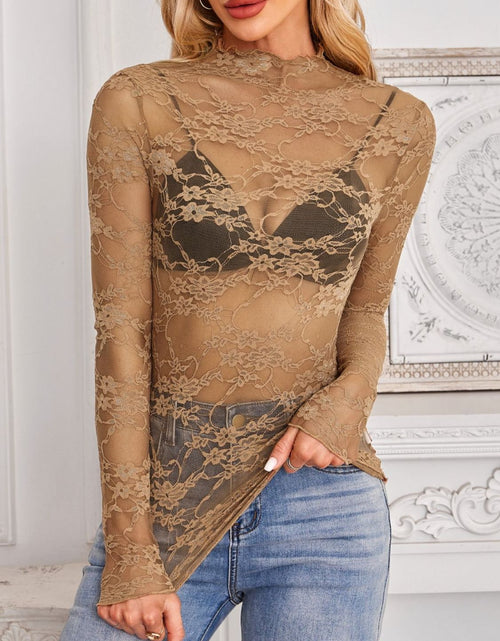 Load image into Gallery viewer, Mock Neck Long Sleeve Lace Sheer Top
