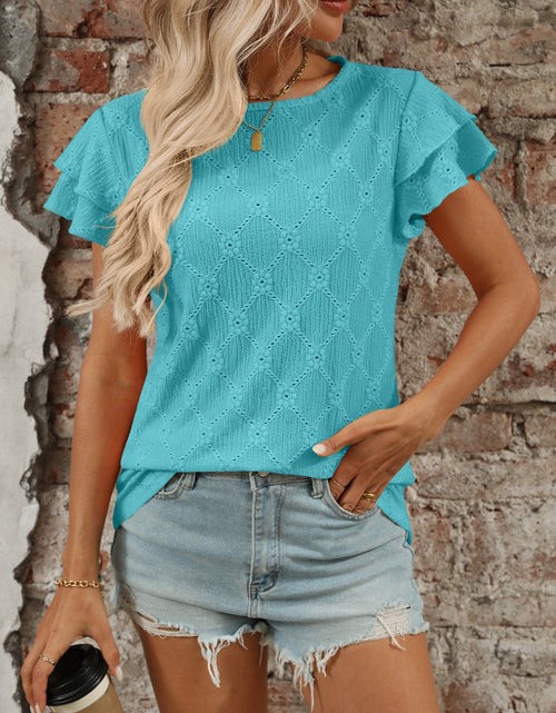 Load image into Gallery viewer, Eyelet Round Neck Double Layered Ruffled Short Sleeve Top
