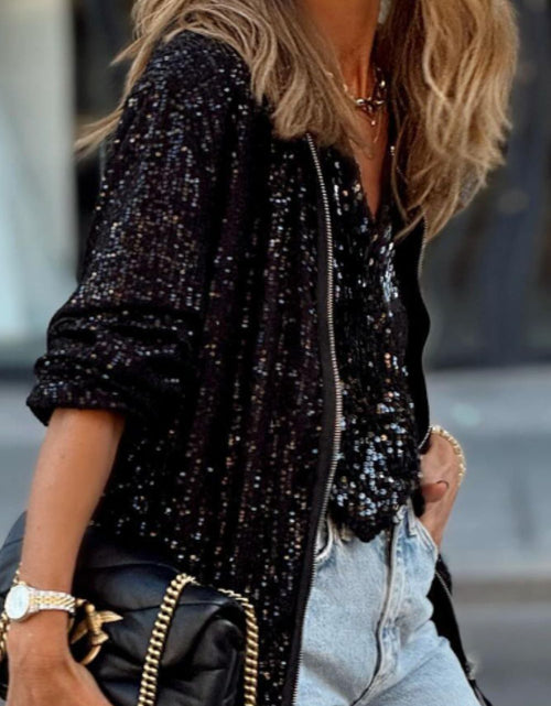 Load image into Gallery viewer, Sequin Zip Up Long Sleeve Jacket
