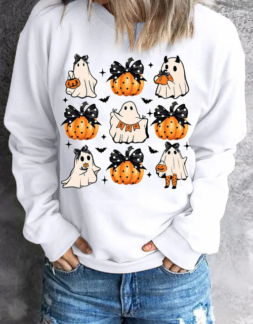 Load image into Gallery viewer, Pumpkin &amp; Ghost Round Neck Long Sleeve Sweatshirt
