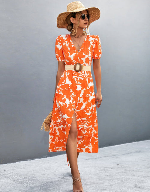 Load image into Gallery viewer, V-Neck Short Sleeve High Slit Midi Dress
