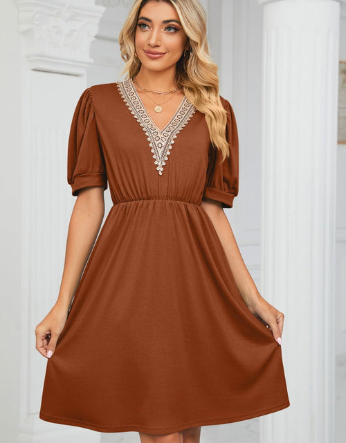 Load image into Gallery viewer, Contrast V-Neck Puff Sleeve Pocket Dress
