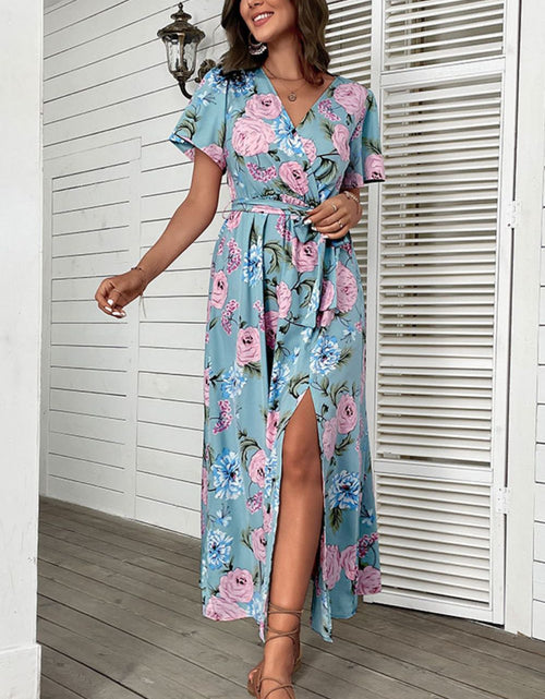 Load image into Gallery viewer, Perfee Floral Tie-Waist Slit Surplice Maxi Dress
