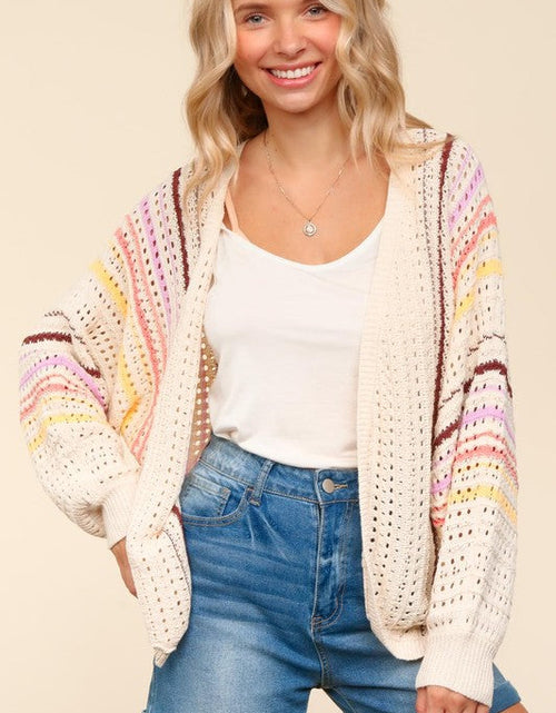 Load image into Gallery viewer, Haptics Full Size Striped Crochet Open Front Cardigan
