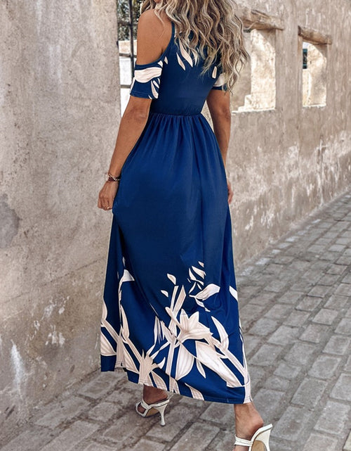 Load image into Gallery viewer, Printed Cold Shoulder Short Sleeve Maxi Dress
