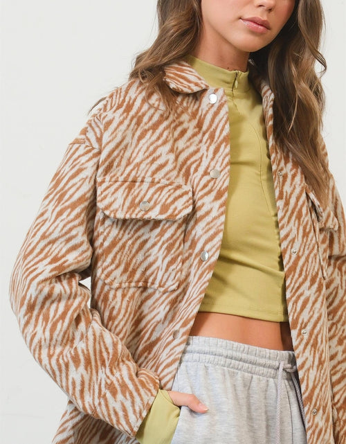 Load image into Gallery viewer, HYFVE Zebra Print Snap Down Long Sleeve Shacket
