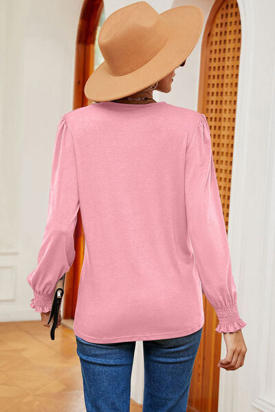 Load image into Gallery viewer, Lace Detail V-Neck Lantern Sleeve T-Shirt

