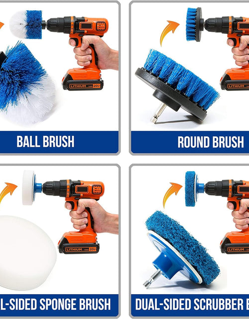 Load image into Gallery viewer, RevoClean 4 Piece Scrub Brush Power Drill Attachments-All Purpose Time Saving Kit-Perfect for Cleaning Grout, Tile, Counter, Shower, Grill, Floor, Kitchen, Blue &amp; White by TubShroom.com
