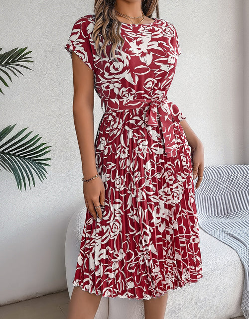 Load image into Gallery viewer, Tied Pleated Printed Short Sleeve Dress
