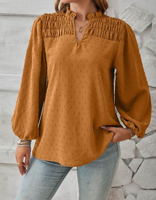 Load image into Gallery viewer, Ruched Swiss Dot Notched Balloon Sleeve T-Shirt
