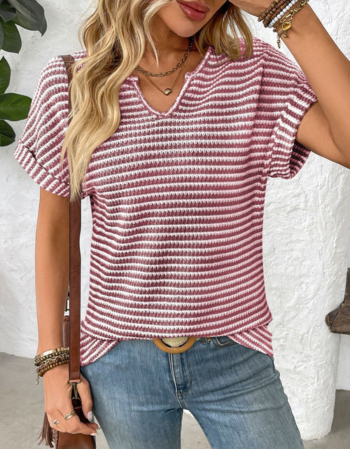Load image into Gallery viewer, Striped Notched Short Sleeve T-Shirt
