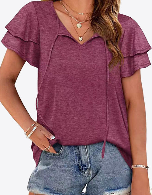 Load image into Gallery viewer, Tie-Neck Layered Flutter Sleeve Blouse
