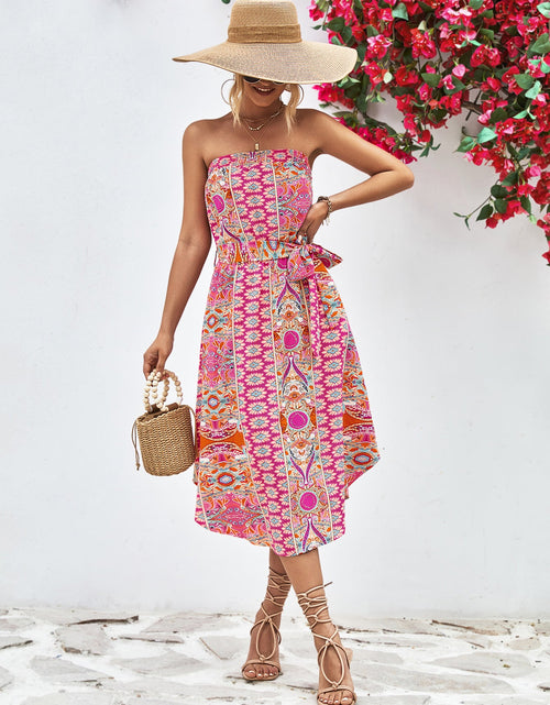 Load image into Gallery viewer, Printed Strapless Tie Belt Dress

