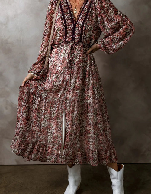 Load image into Gallery viewer, Frill Printed V-Neck Long Sleeve Midi Dress
