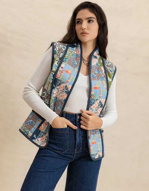 Load image into Gallery viewer, Printed Patchwork Contrast Piping Vest
