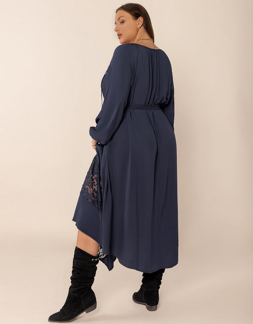 Load image into Gallery viewer, Plus Size Lace Detail Tie Neck Long Sleeve Midi Dress
