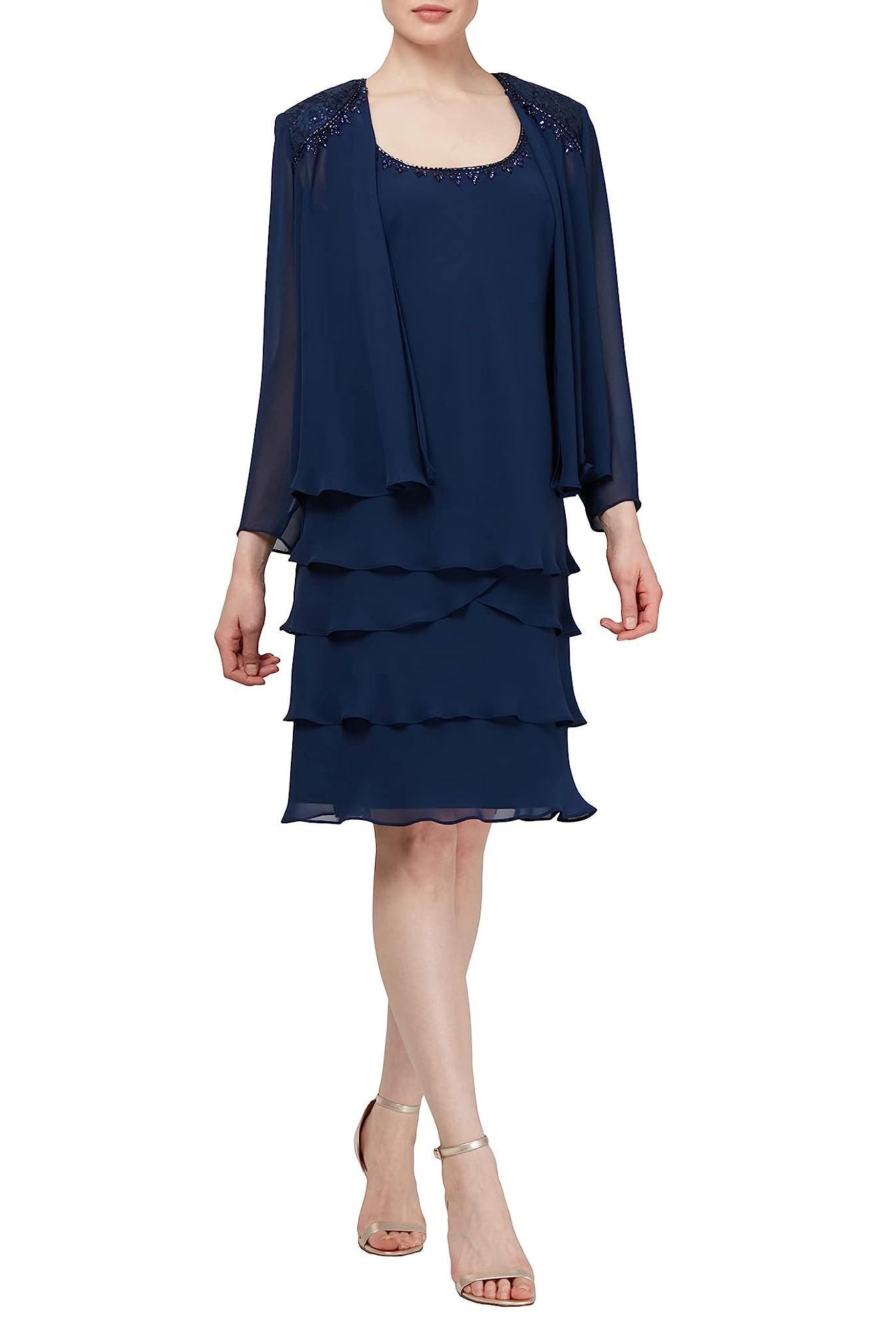 SL Fashion Embellished Scoop Neck Sleeveless Tier Chiffon Dress with Matching Embellished Lace Shoulder Jacket by Curated Brands