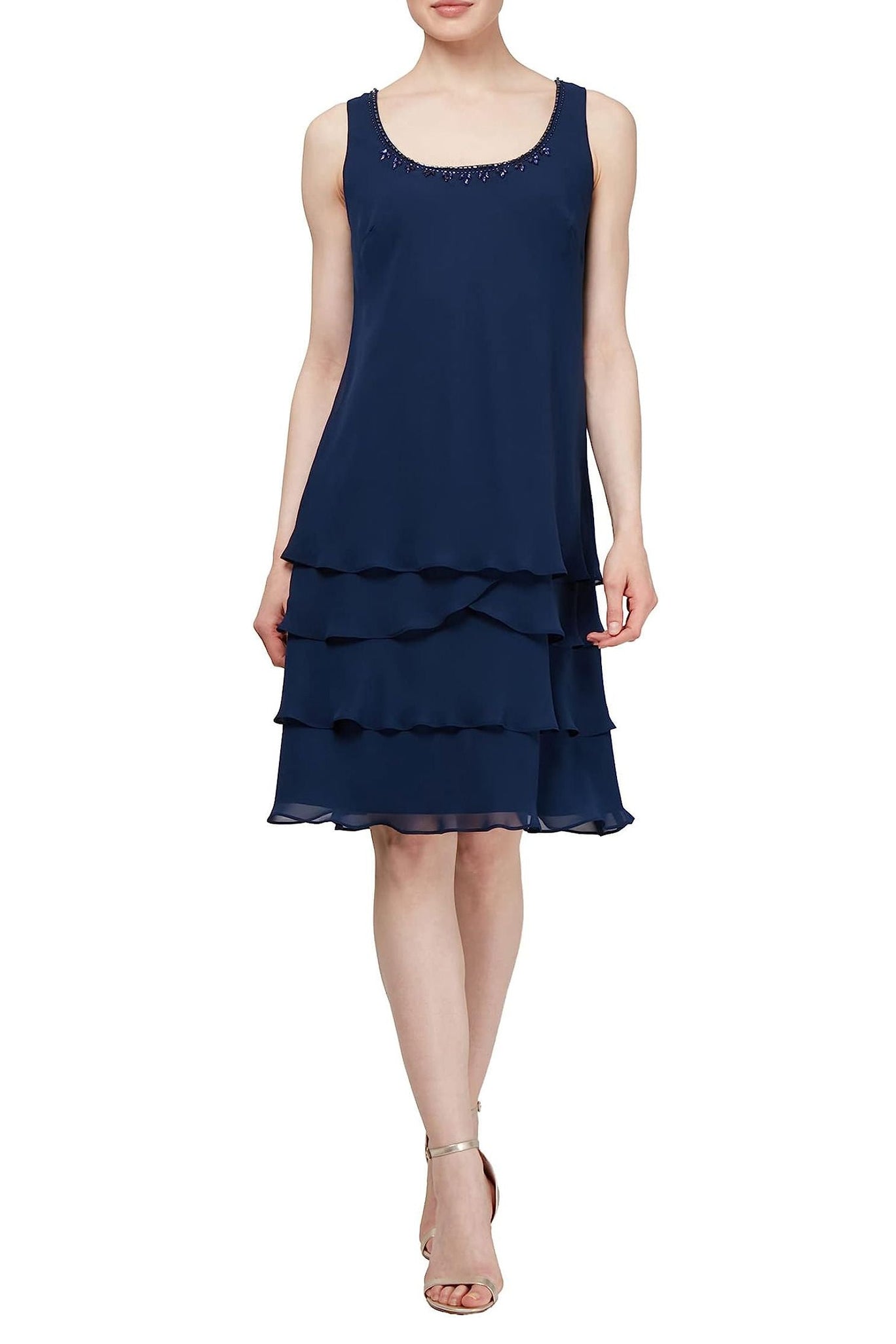 SL Fashion Embellished Scoop Neck Sleeveless Tier Chiffon Dress with Matching Embellished Lace Shoulder Jacket by Curated Brands