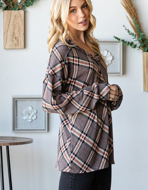 Load image into Gallery viewer, Heimish Plaid Exposed Seam V-Neck T-Shirt
