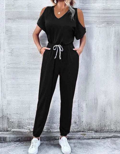 Load image into Gallery viewer, V-Neck Cold-Shoulder Jumpsuit with Pockets
