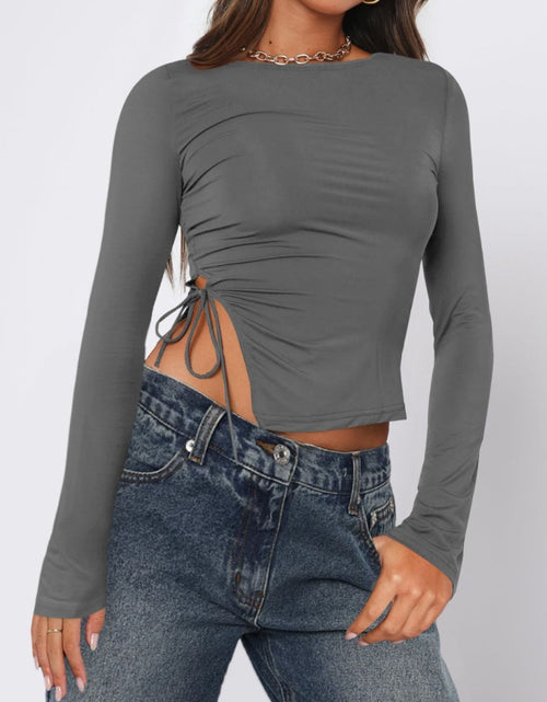 Load image into Gallery viewer, Tied Slit Round Neck Long Sleeve T-Shirt
