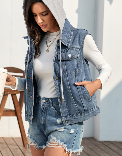 Load image into Gallery viewer, Pocketed Button Up Hooded Denim Jacket
