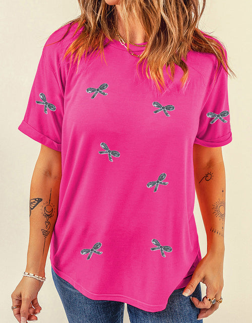 Load image into Gallery viewer, Sequin Bow Round Neck Short Sleeve T-Shirt

