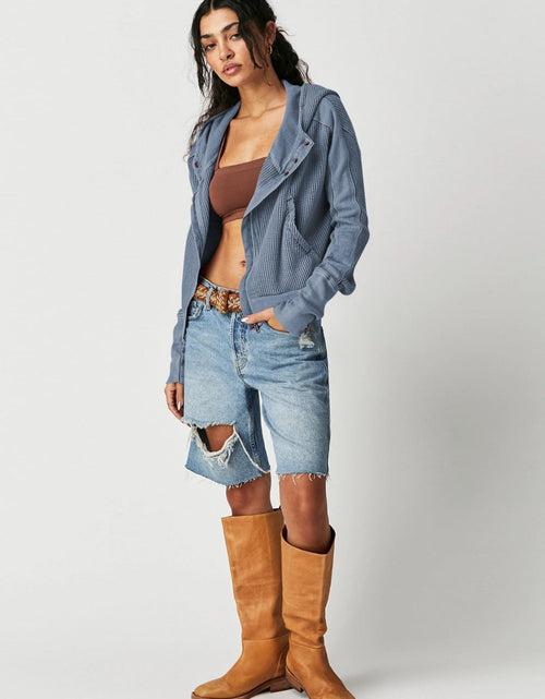 Load image into Gallery viewer, Waffle-Knit Dropped Shoulder Hooded Jacket
