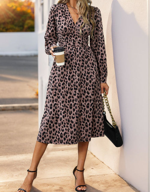 Load image into Gallery viewer, Perfee Leopard Surplice Long Sleeve Midi Dress
