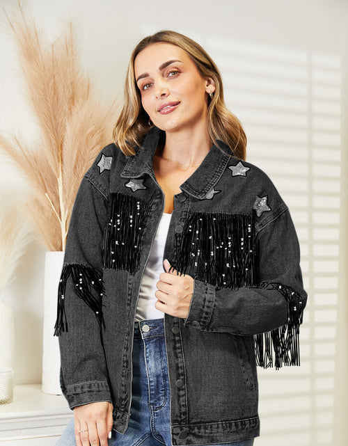 Load image into Gallery viewer, Fringe Detail Long Sleeve Denim Jacket
