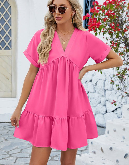 Load image into Gallery viewer, Ruched Tiered V-Neck Short Sleeve Mini Dress

